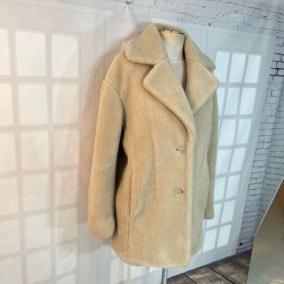 & Other Stories Cream Notch Lapel Mid Length Teddy Pea Coat Size 2 - Picture 2 of 10